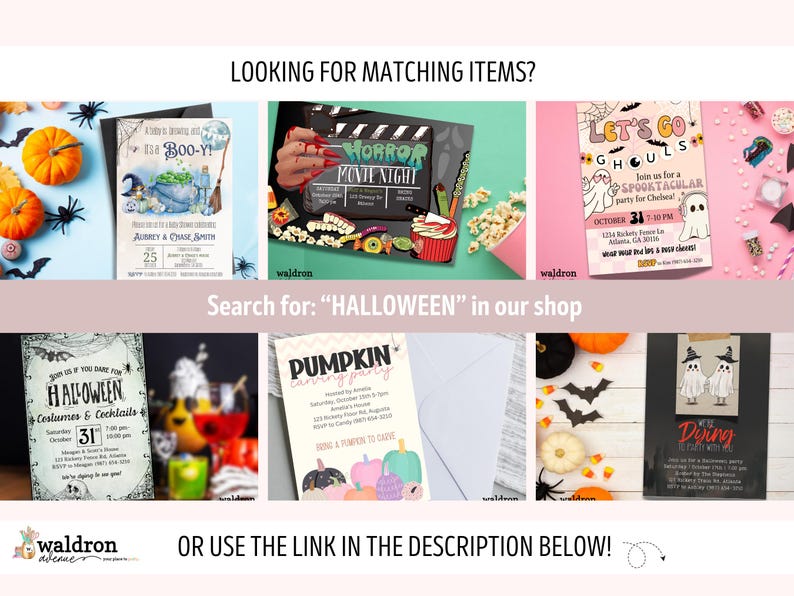 May include: A collage of Halloween party invitations with various themes, including a spooky ghost party, a pumpkin carving party, and a horror movie night. The invitations feature colorful illustrations and text.