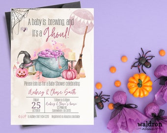 May include: A pink and purple Halloween baby shower invitation with a cauldron, a witch's hat, and a broom. The text reads "A baby is brewing, and it's a ghoul!" and includes the date and time of the event.