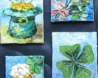 original oil painting impasto three shamrocks art Patrick's Day. Picture bouquet of shamrocks ACEO card 2.4x2.4 inches St
