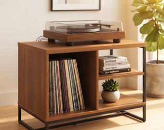Soporte moderno para tocadiscos de vinilo - Mesa consola de estilo mediados de siglo con almacenamiento y estantes para vinilos