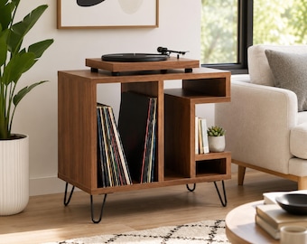 Modern Vinyl Record Player Stand - Mid Century Minimalist Turntable Cabinet with Vinyl Storage and Metal Hairpin Legs