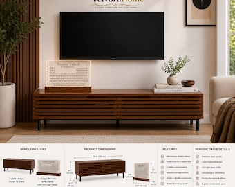Mid Century TV Stand with Periodic Table Display Bundle, Fluted Media Console, Science Decor, Living Room Furniture
