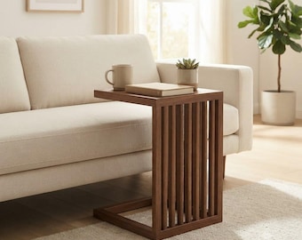 Modern C-Shaped Side Table, Walnut Sofa End Table, Wooden Laptop Table, Scandinavian Couch Table, Space Saving Accent Table