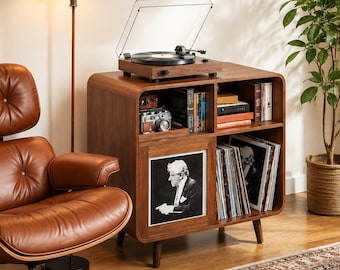 Mid Century Record Player Stand With Vinyl Storage, Turntable Cabinet With Sliding Doors, Walnut Media Console, Music Room Storage