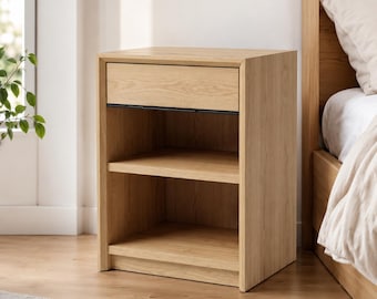 Modern Wood Nightstand with Drawer, Minimalist End Table with Open Shelves, Bedroom Bedside Table, Japandi Side Table for Living Room(