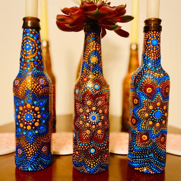 Hand Painted Beer and Wine Bottle Vase or Candleholder  - upcycled product