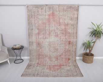 6x9 Vintage Turkish Oushak Rug: Handmade Wool Bohemian Rug