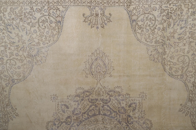 Puede incluir: Una alfombra beige con intrincados dise&ntilde;os florales y de cachemira en tonos grises y marrones. La alfombra presenta un dise&ntilde;o de medall&oacute;n central y bordes ornamentados, creando una est&eacute;tica vintage.