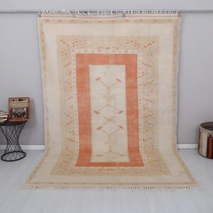 7x10 Vintage Turkish Oushak Rug: Anatolian Wool Carpet