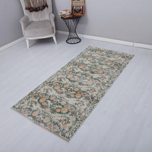 3x7 Vintage Oushak Runner Rug: Turkish Anatolian Wool Cotton Blend