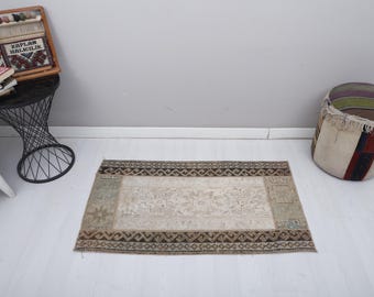Vintage Turkish Doormat Rug: Cotton Wool Entryway Rug (3.8 x 2.1 ft)