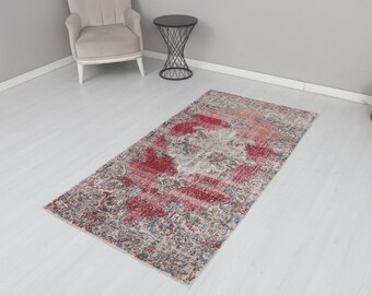 Vintage Turkish Rug 3x6: Red Bohemian Oriental Rug