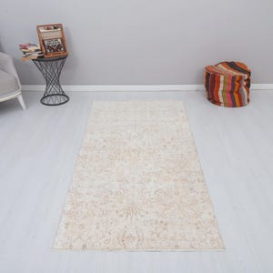 Vintage Turkish Oushak Rug: Small Neutral Wool Area Rug (3x7 ft)
