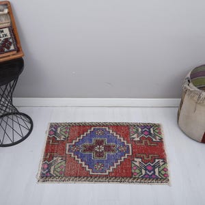Handmade Wool Door Mat: Faded Pastel Turkish Rug (2.7x1.7 ft)