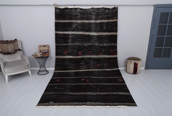 キリム ラグ ビンテージ ハンドメイド トルコ産 ヴィンテージトルコキリムラグ 6x12：ハンドメイドストライプヘア