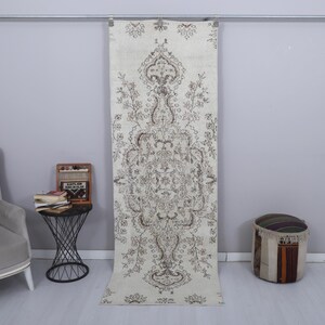 Handmade Wool Turkish Runner Rug: Vintage Oushak Style, 2.8 x 8.1 ft