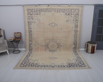 8x11 Vintage Turkish Oushak Rug, Handmade Wool Cotton Blend