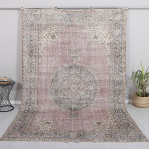 7x10 Vintage Turkish Oushak Rug: Neutral Muted Colors, Handmade Wool & Cotton