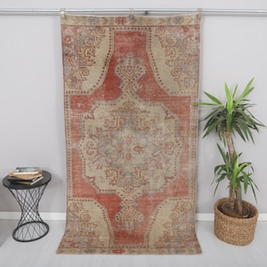Handmade Oushak Wool Rug 4x8: Vintage Turkish Anatolian Rug