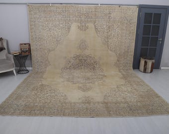 Natural Rug,10x14 Turkish Rug,Vintage Rug, Wool Rug, Bohemian Rug, Neutral Rug,10x14 Oversize Rug,Anatolian Rug,Antique Rug,Oushak Rug,36221