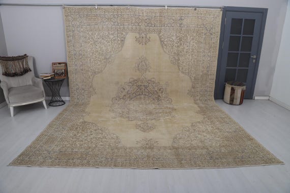 Natural Rug,10x14 Turkish Rug,Vintage Rug, Wool Rug, Bohemian Rug, Neutral Rug,10x14 Oversize Rug,Anatolian Rug,Antique Rug,Oushak Rug,36221