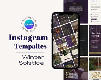 May include: A smartphone displaying a grid of Instagram templates for a winter solstice retreat, surrounded by individual layout designs featuring dark purple, cream, and forest imagery with text including Women Retreat and Solstice Workshop.