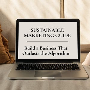 May include: A silver laptop displaying the text "SUSTAINABLE MARKETING GUIDE" and "Build a Business That Outlasts the Algorithm." The laptop is open on a light-colored surface, with pillows on either side.