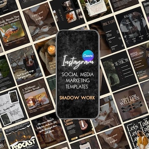 Może przedstawiać: Szablony marketingu w mediach społecznościowych Instagram z ciemną estetyką. Obraz przedstawia smartfon wyświetlający logo Canva i słowa "Instagram, Szablony marketingu w mediach społecznościowych, Shadow Work". Różne szablony postów w mediach społecznościowych otaczają telefon.