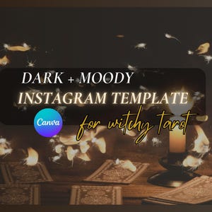 May include: Dark and moody Instagram template for witchy tarot, featuring a candle and tarot cards with sparks flying around them. The text "Canva" is visible in the image.