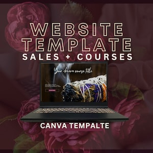 Puede incluir: Un ordenador portátil con una plantilla de sitio web que se muestra en la pantalla. La plantilla de sitio web es para ventas y cursos. El texto en la pantalla dice "Your dream course title". El portátil está sobre un fondo de flores rosas.