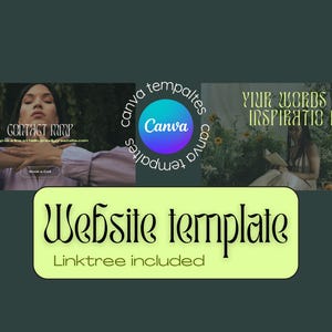 May include: A digital website template featuring Canva branding, with text reading Contact Me, Drop us a line at hello@reallygreatsite.com, Book a Call, Your Words of Inspiration, Website template, and Linktree included, displayed on a dark background.