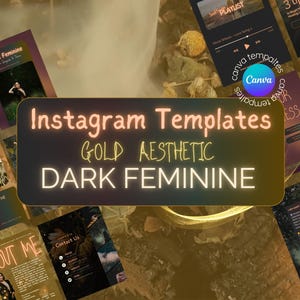 Plantillas de Canva para mujer oscura: Kit de marca dorada para Instagram, redes sociales, bienestar, coaches