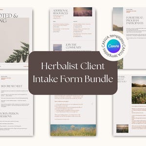 May include: A digital document bundle titled Herbalist Client Intake Form Bundle featuring multiple page layouts with serif typography, nature-inspired photography of fields and plants, and a circular Canva logo overlay on a white background.