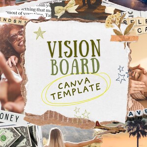 May include: A vision board template with the words "Vision Board Canva Template" in yellow text on a white background. The background is made of torn paper with images of money, friends, self-care, travel, and a sunset.