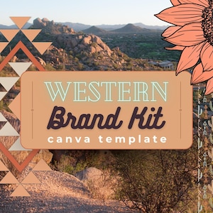May include: A digital graphic design template featuring a desert landscape background with a large peach-colored rectangle containing the text WESTERN Brand Kit canva template, accented by a sunflower illustration and geometric patterns.