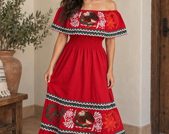 Mexican Embroidered Off Shoulder Maxi Dress – Eagle Floral Fiesta Dress, Traditional Mexican Dress for Women