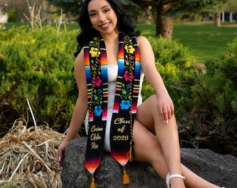 Hand Embroidered Flowers/Mexican Sarape Graduation Stole Personalized