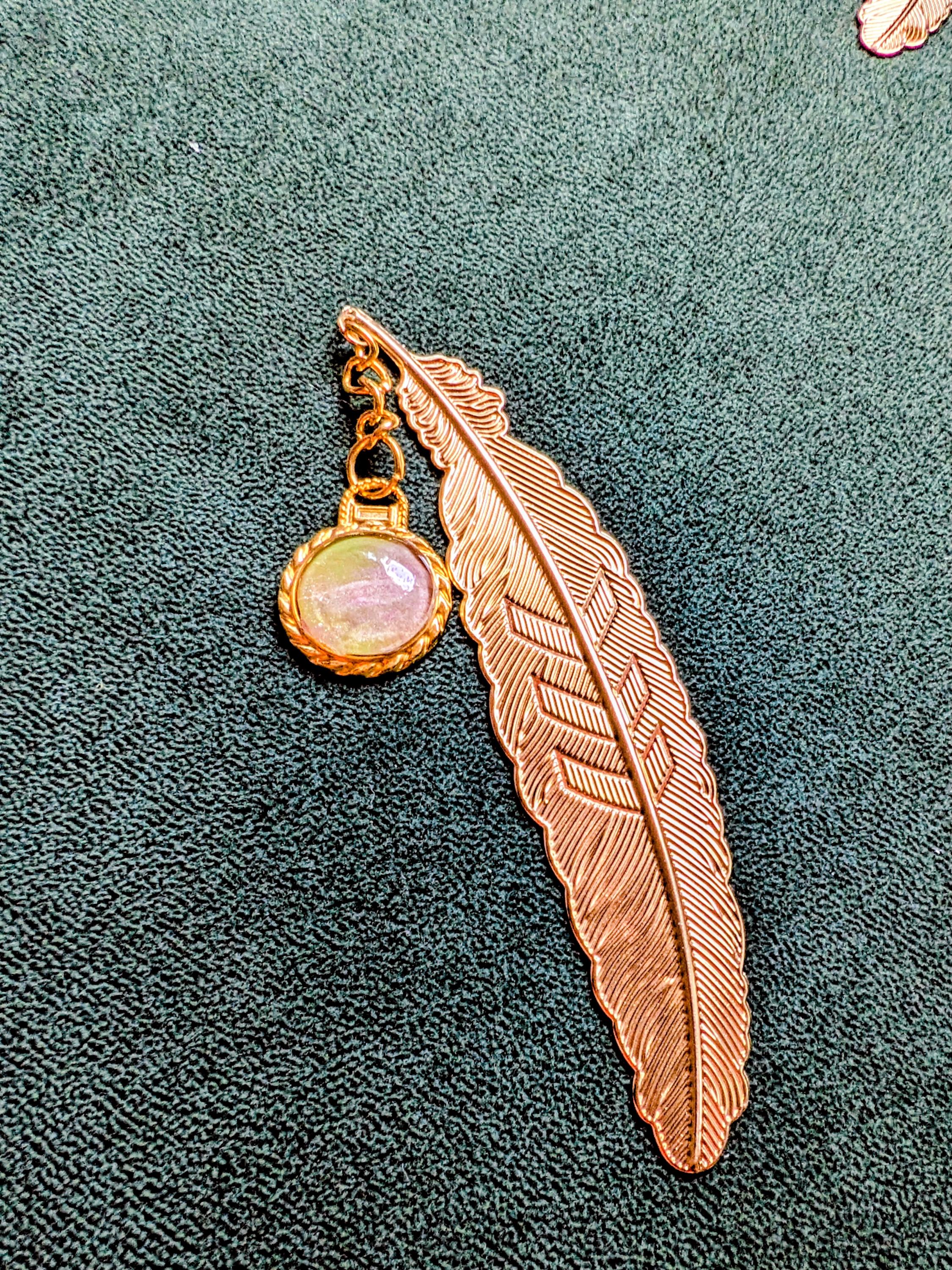 Metal Feather Bookmark, Recycled Paint Drop Cabochon Charm, Vintage Style Page Marker