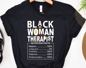 Zwarte vrouw therapeut shirt, zwarte therapeut adviseur voedingsfeiten, cadeau voor zwarte therapeut, zwarte therapie student shirt