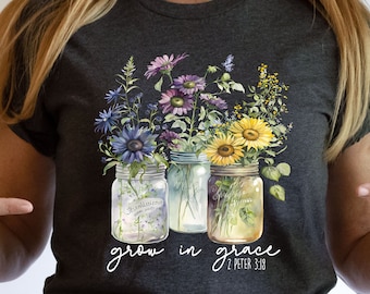Bibelskjorta med vildblommor, kristen blommig tee, växa i nåd, blommig bibelvers-tröja, blom-bibeltröja, botanisk kyrktröja