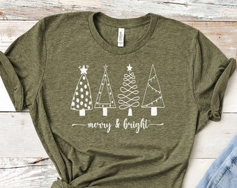 Feliz y brillante, camisa de árbol de Navidad, camisas de Navidad para mujeres, camiseta de Navidad, camisas para Navidad, lindas camisas de Navidad, camiseta navideña