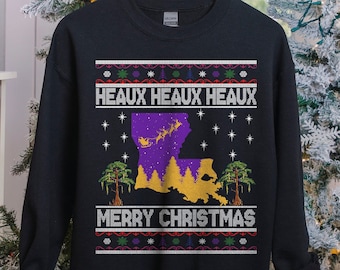 Louisiana Ugly Christmas Sweatshirt, Purple and Gold Christmas Sweater, Heaux Heaux Heaux, Funny Cajun Sweater, Louisiana Christmas Shirt