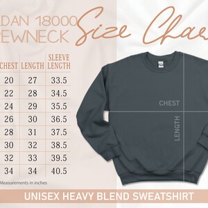 May include: Size chart for a Gildan 18000 crewneck sweatshirt. The chart shows measurements in inches for chest, length, and sleeve length for sizes S through 5XL.