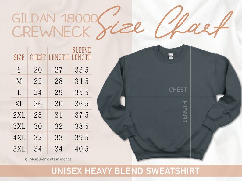 May include: Size chart for a Gildan 18000 crewneck sweatshirt. The chart shows measurements in inches for chest, length, and sleeve length for sizes S through 5XL.