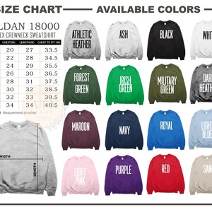 the size chart for a sweatshirt with different colors