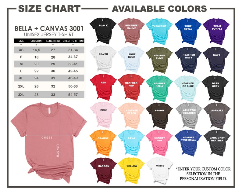 May include: A size chart and color options for Bella + Canvas 3001 unisex jersey t-shirts. The chart includes chest and length measurements in inches for sizes XS to 3XL. Available colors include black, silver, red, pink, orange, maroon, heather mauve, light blue, heather red, heather peach, aqua, yellow, turquoise, heather olive, heather kelly, brown, charity pink, white, true royal, heather navy, heather ice blue, athletic heather, dark grey, navy, heather true royal, and dark grey heather.