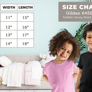 Op de afbeelding: Maattabel voor Gildan 64500P Toddler Jersey Short Sleeve shirts. De tabel toont maten 2T tot en met 5T met bijbehorende breedte- en lengtemaat in inches.