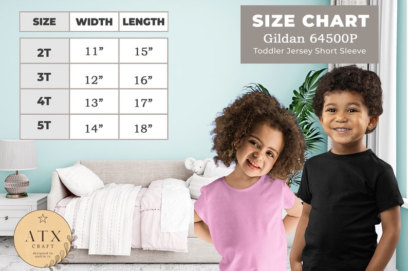 Op de afbeelding: Maattabel voor Gildan 64500P Toddler Jersey Short Sleeve shirts. De tabel toont maten 2T tot en met 5T met bijbehorende breedte- en lengtemaat in inches.