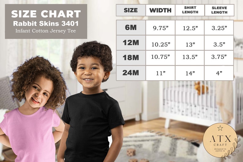 Op de afbeelding: Maattabel voor baby katoenen jersey T-shirts van Rabbit Skins, met afmetingen in inches voor breedte, shirtlengte en mouwlengte voor de maten 6M, 12M, 18M en 24M.