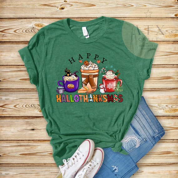 Coffee Hallothanksmas Coffee Tee, Cute Coffee Drinking T-shirt - Funny Festival Tee, Halloween, Thanksgiving and Christmas Shirt